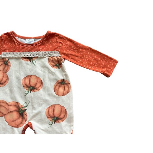 Babies 0-3 Months Long Sleeve Crew Neck Orange and Tan Pumpkin Ruffle Romper - Picture 5 of 14
